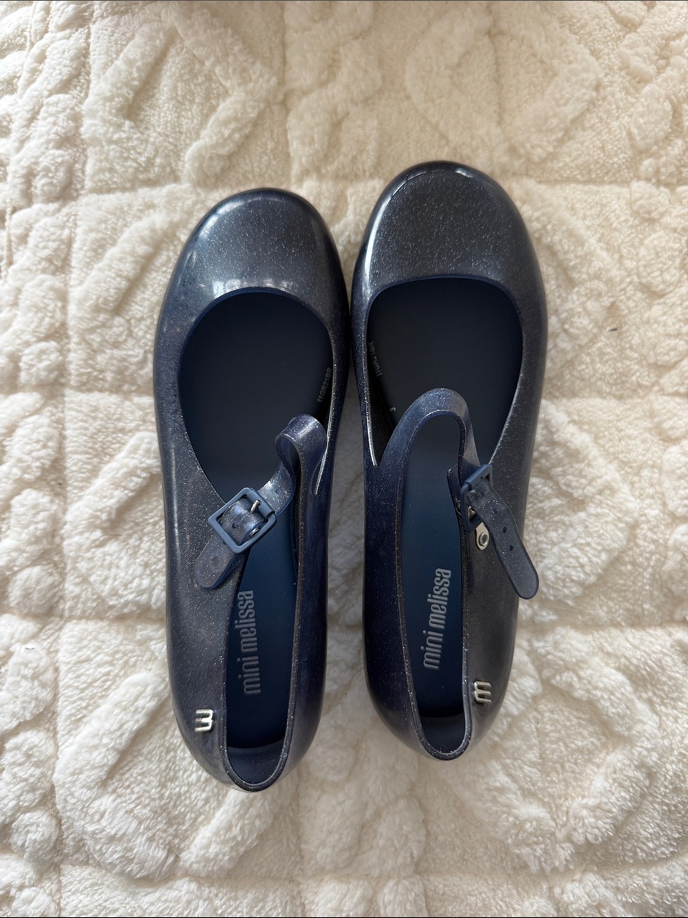 Mini Melissa Navy Glitter Jelly Mary Janes with Buckle.  Big kid size 4.